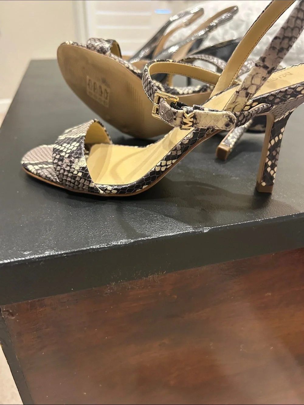 Michael Kors Snake-Print Strappy Heels in Beige and Black